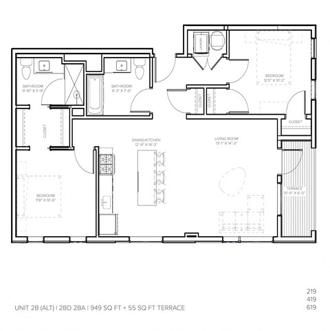 Floor plan for 2 beds, 2 baths, 949 sqft